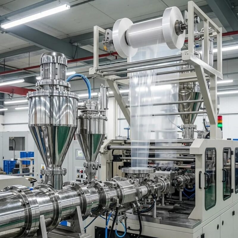 Modern LDPE blown film machine in a factory, showcasing advanced technology and production efficiency for plastic processing and packaging applications.
