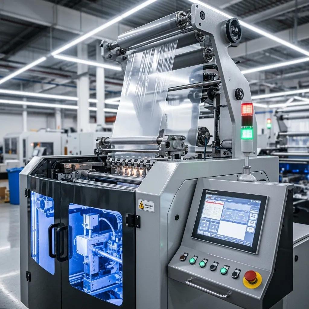 Modern mono-layer blown film machine in action, showcasing advanced technology and efficiency in plastic film production.
