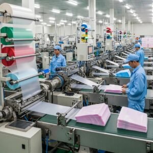 Modern plastic bag production plant with advanced machinery, workers in blue uniforms operating equipment, and colorful plastic films in process.