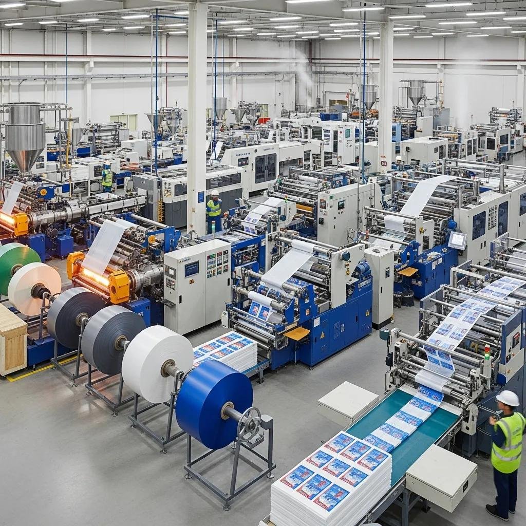 Modern plastic film production machinery in operation, showcasing multiple blown film extrusion and bag-making machines, with colorful rolls of film and printed sheets on a production line, emphasizing efficiency and technology in packaging solutions.