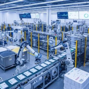 Modern plastic manufacturing facility with advanced automation technology and robotic arms