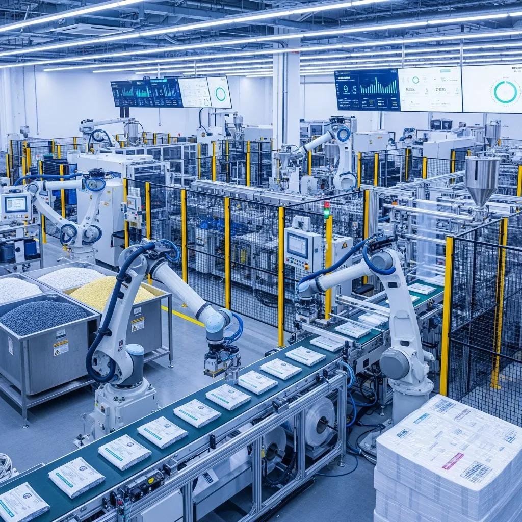 Modern plastic manufacturing facility featuring advanced automation technology and robotic arms, optimized for blown film extrusion and plastic bag production.