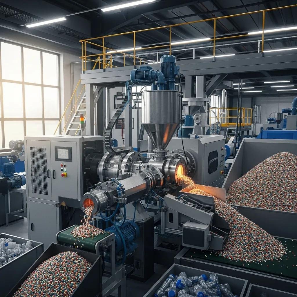 Modern plastic pelletizing machine processing recycled plastic waste into uniform pellets in an industrial setting.