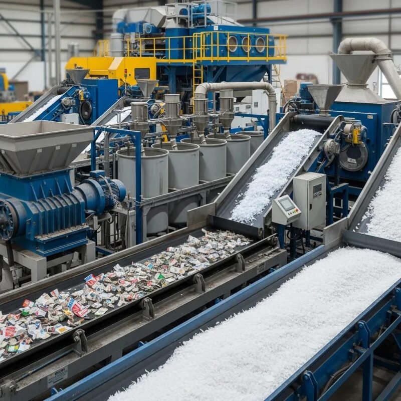 Modern plastic washing line machinery processing contaminated plastic waste in an industrial environment