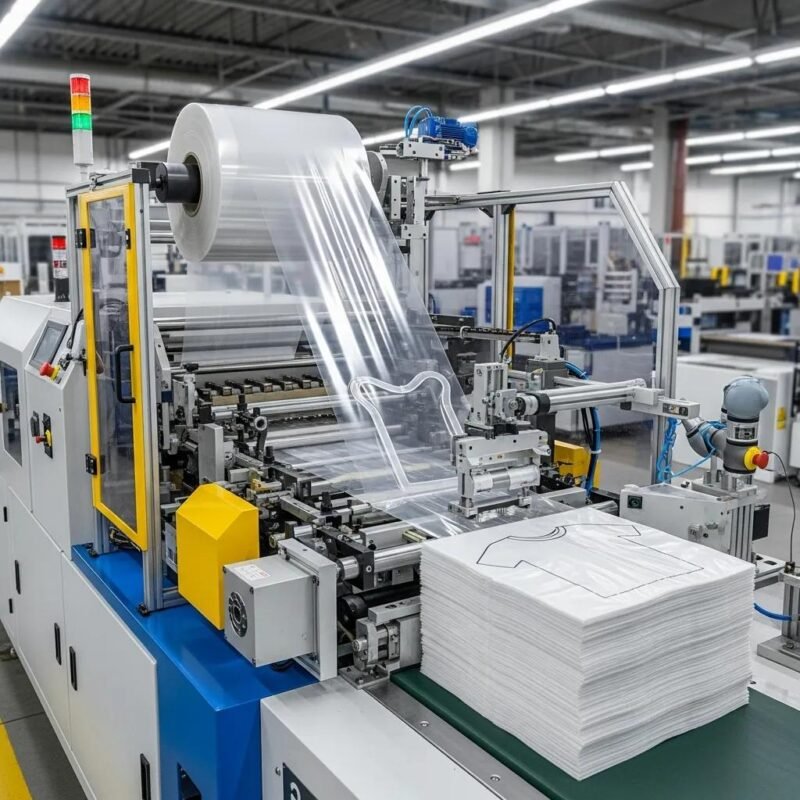 Modern T-shirt bag making machine in a factory setting, showcasing automation and efficiency