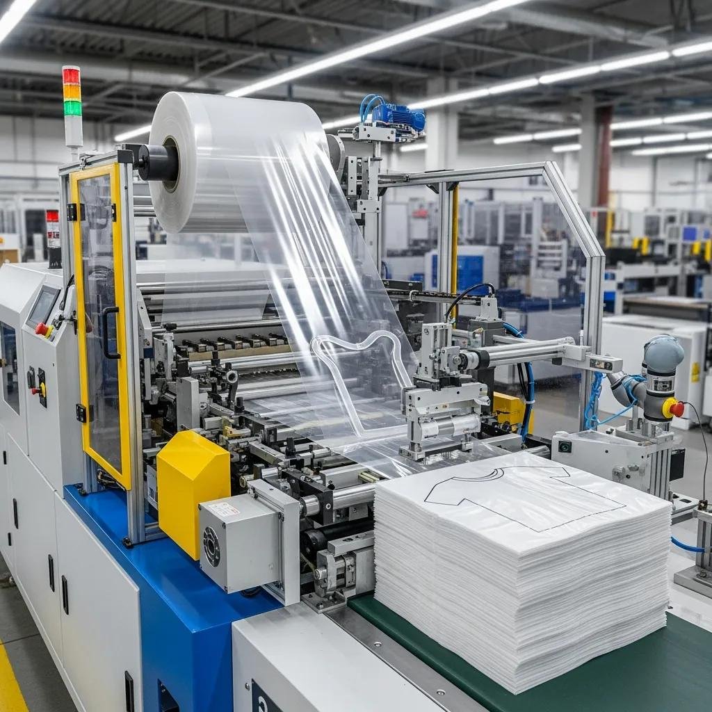Modern T-shirt bag making machine in a factory setting, showcasing automated film processing and production of vest-style bags.