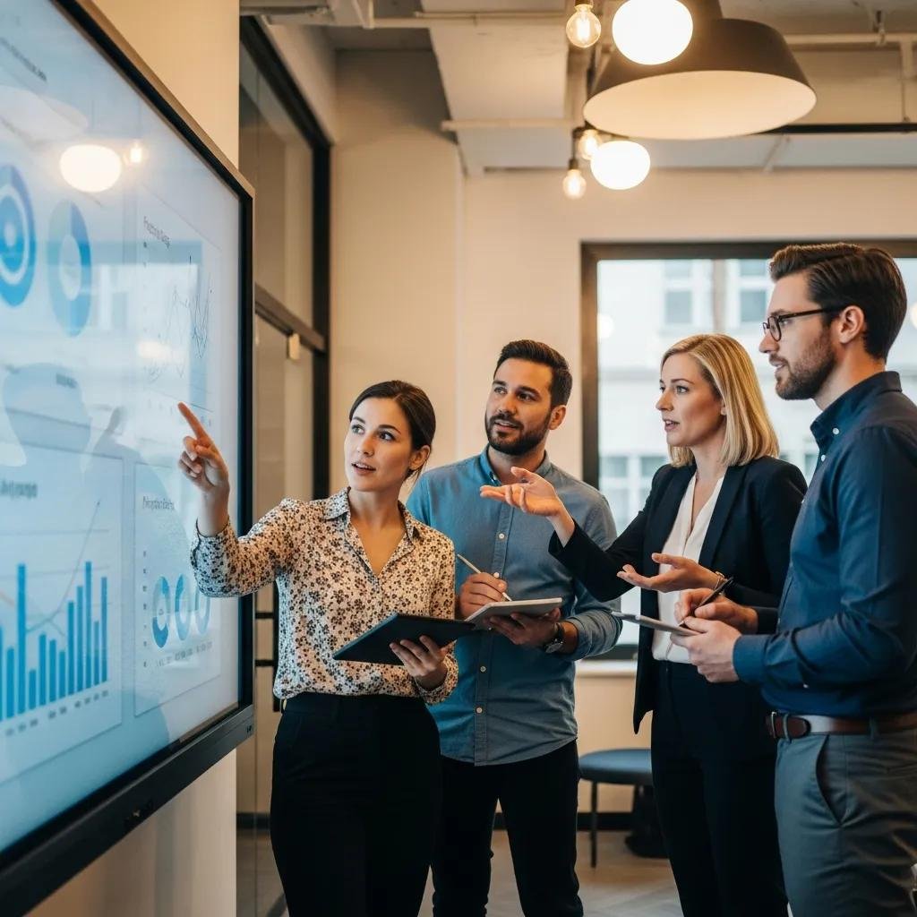 Professionals discussing market trends in plastic bag production, analyzing data on a digital display in a modern office setting.