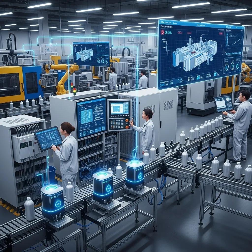 Smart factory setup for plastic packaging with IoT sensors, PLC systems, and operators monitoring production efficiency on digital displays.