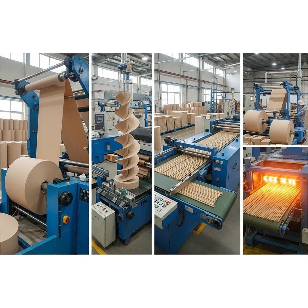 Paper straw manufacturing machinery in a factory setting, showcasing raw paper rolls, adhesive application, spiral winding process, and drying stage with visible automated controls and finished straws.