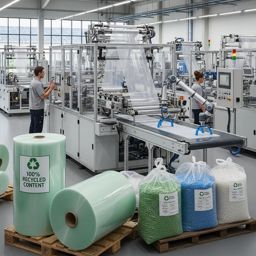 Manufacturing facility for air bubble film featuring machinery producing recycled content, including large rolls labeled "100% recycled content" and bags of colored plastic pellets, emphasizing sustainability in production processes.