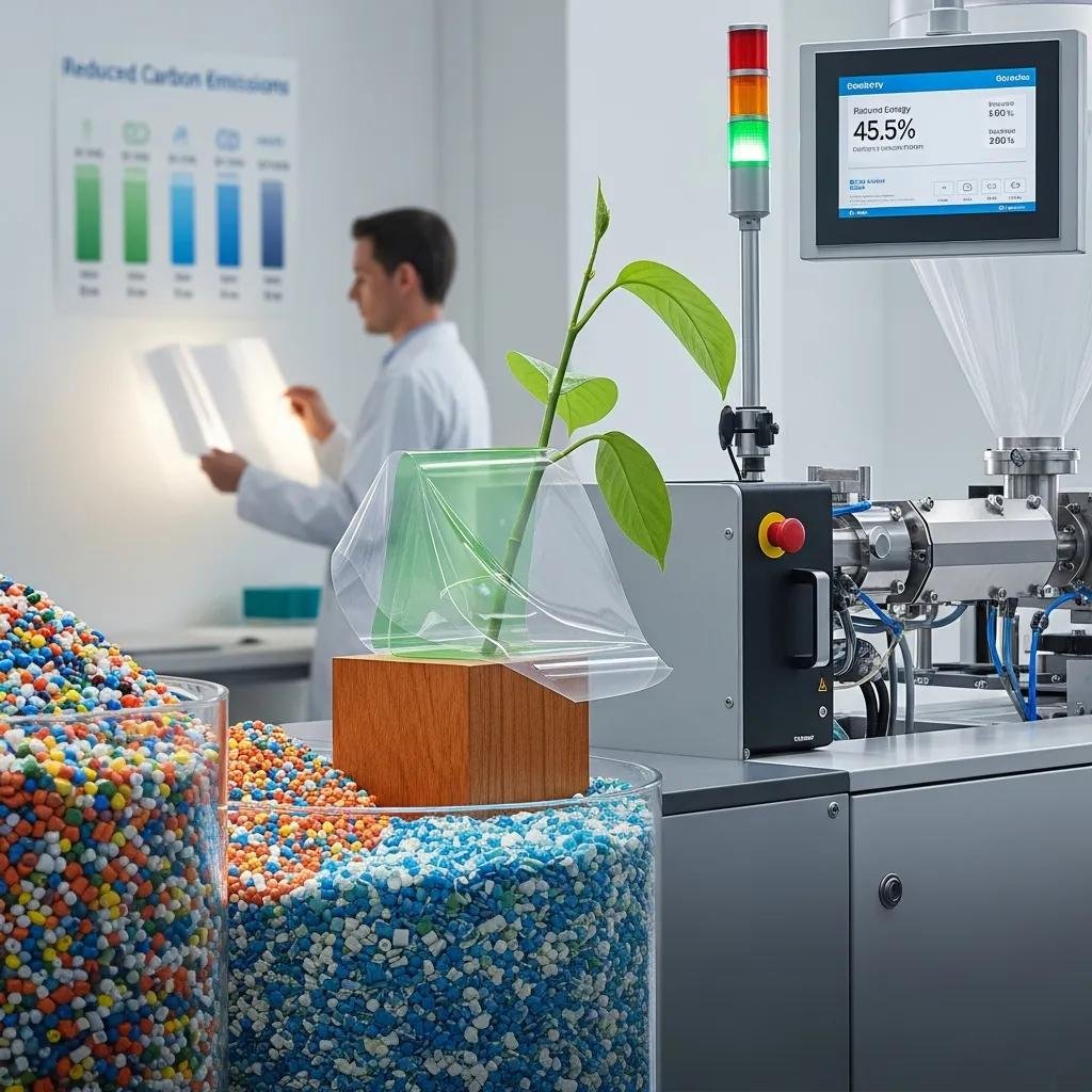 LDPE blown film production setup featuring recycled materials, energy-efficient machinery, and a plant in a lab environment, emphasizing sustainable practices and reduced carbon emissions.