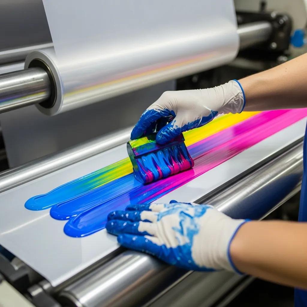 Technician applying vibrant water-based flexo inks on treated plastic films in a printing facility, showcasing ink application process relevant to sustainable printing practices.