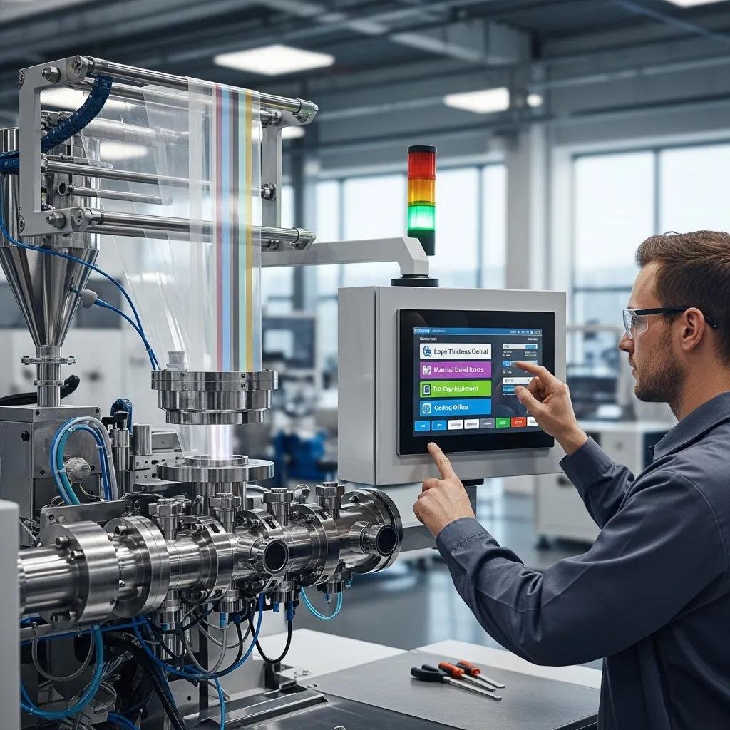 Technician adjusting settings on a multi-layer blown film extrusion machine with digital control panel, showcasing production efficiency and customization options.
