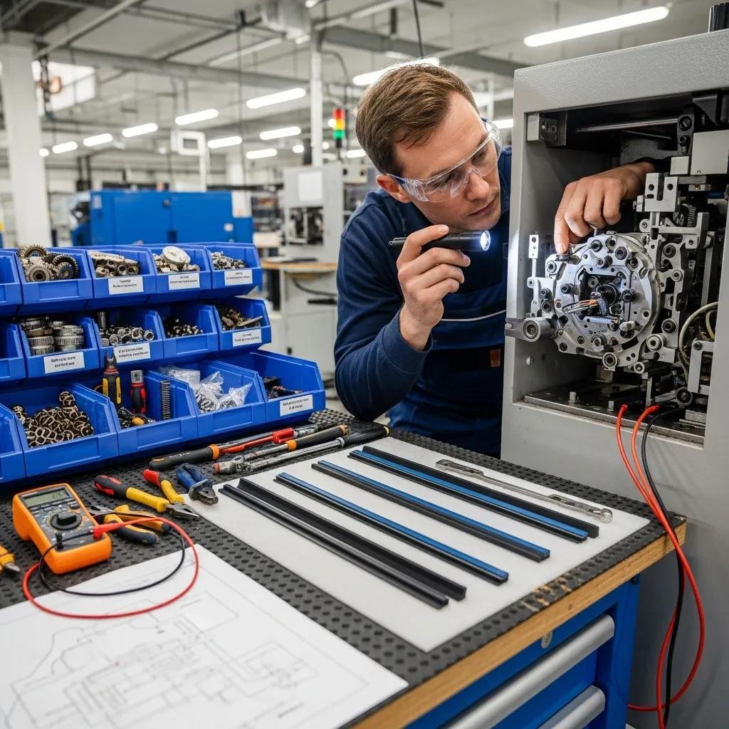 Technician performing maintenance on an automatic t-shirt bag machine, focusing on the punching unit and sealing bars, surrounded by tools and spare parts in a workshop setting.