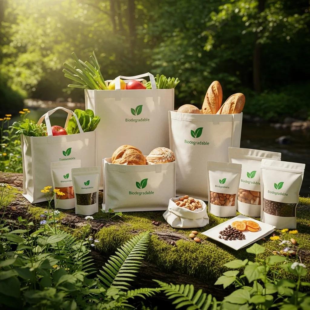 Variety of biodegradable bags including T-shirt shopping bags and resealable pouches, showcasing eco-friendly packaging options with a focus on sustainable materials and environmental benefits.