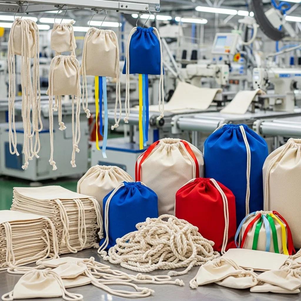 Variety of drawstring bags in different sizes and colors, including beige, blue, red, and striped, displayed in a production environment with machinery in the background, highlighting the drawstring bag manufacturing process.