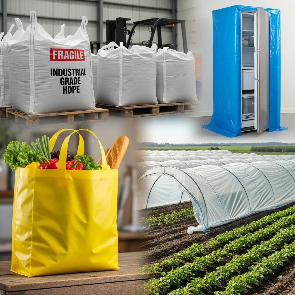 Various applications of HDPE films, including industrial-grade bulk bags, a yellow grocery bag with produce, a refrigerator covered in HDPE film, and a greenhouse structure showcasing agricultural use.