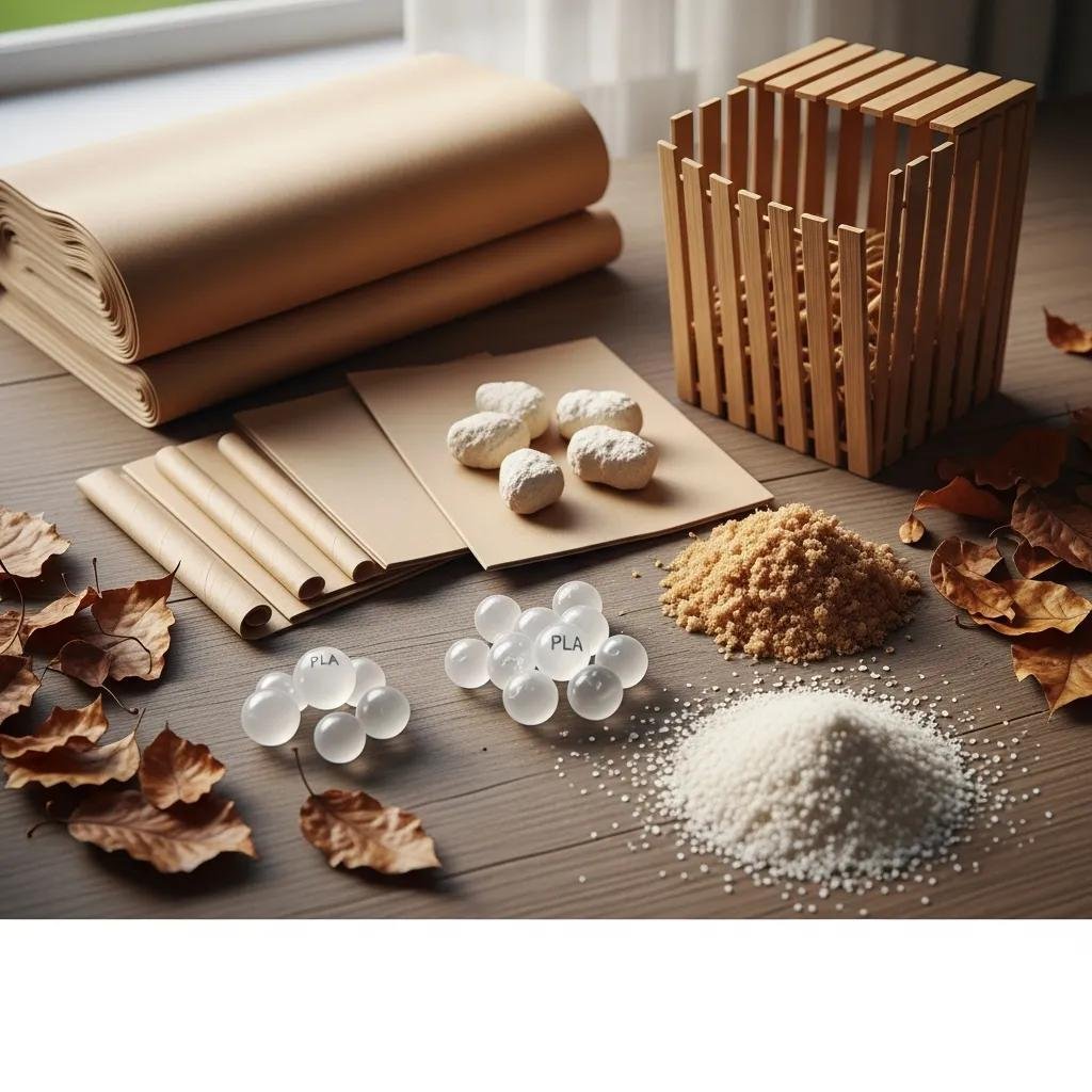 Various biodegradable materials for paper straw production, including kraft paper, PLA pellets, and sugar-like granules, arranged on a wooden surface with dried leaves and a wooden basket in the background.
