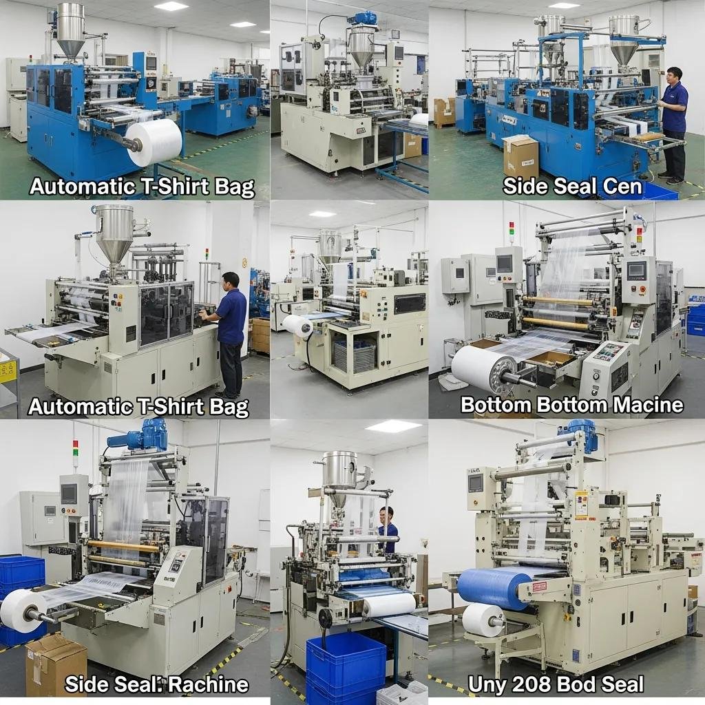 Various types of plastic bag making machines, including automatic T-shirt bag machines and side seal machines, in a manufacturing environment, showcasing capabilities for different bag formats.