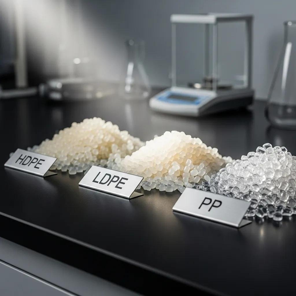 HDPE, LDPE, and PP plastic resin pellets displayed on a laboratory table, illustrating various polymers compatible with mono-layer blown film production.