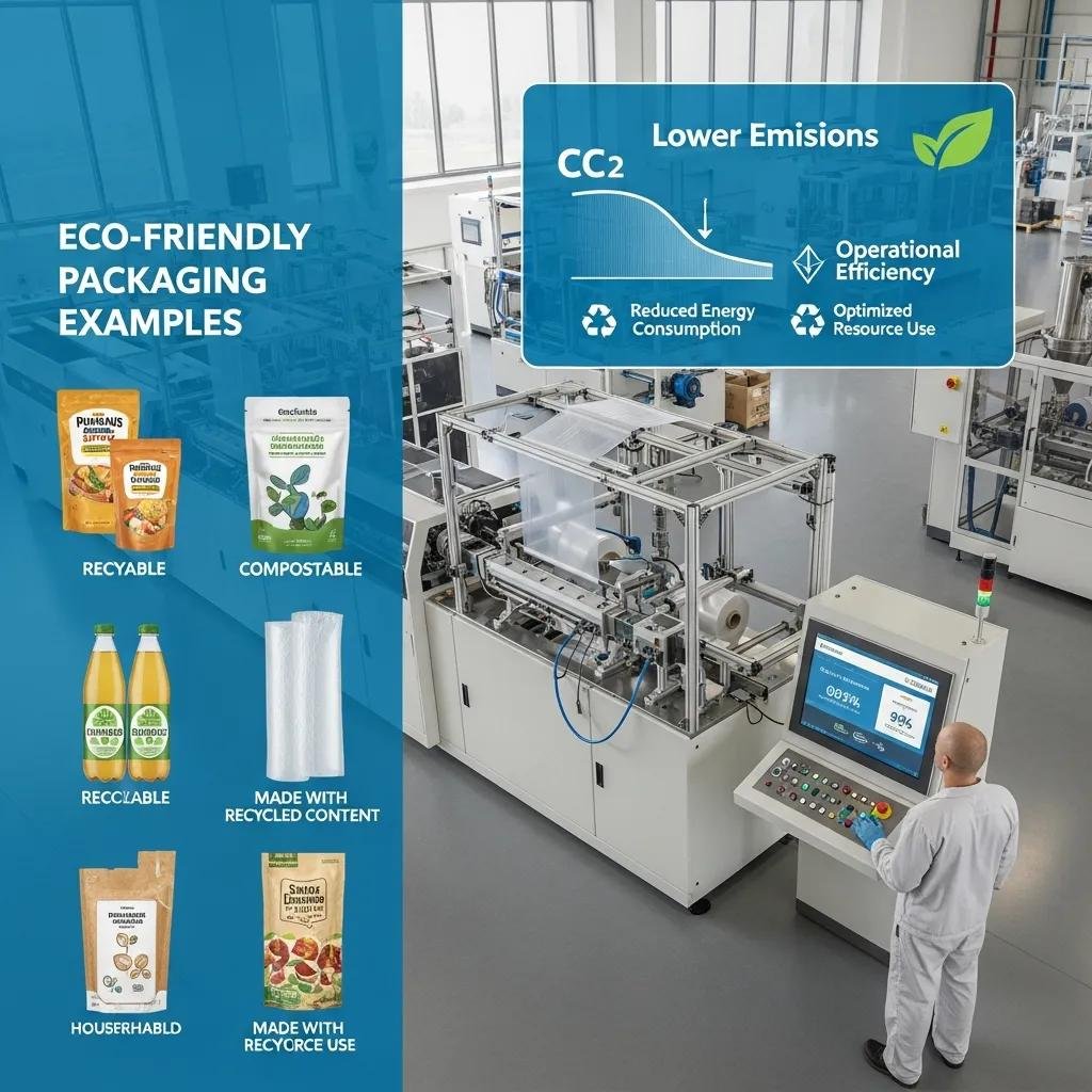 Eco-friendly packaging examples including recyclable and compostable bags, with a focus on lower emissions and operational efficiency in sustainable plastic film manufacturing, featuring machinery and control panel for optimized resource use.