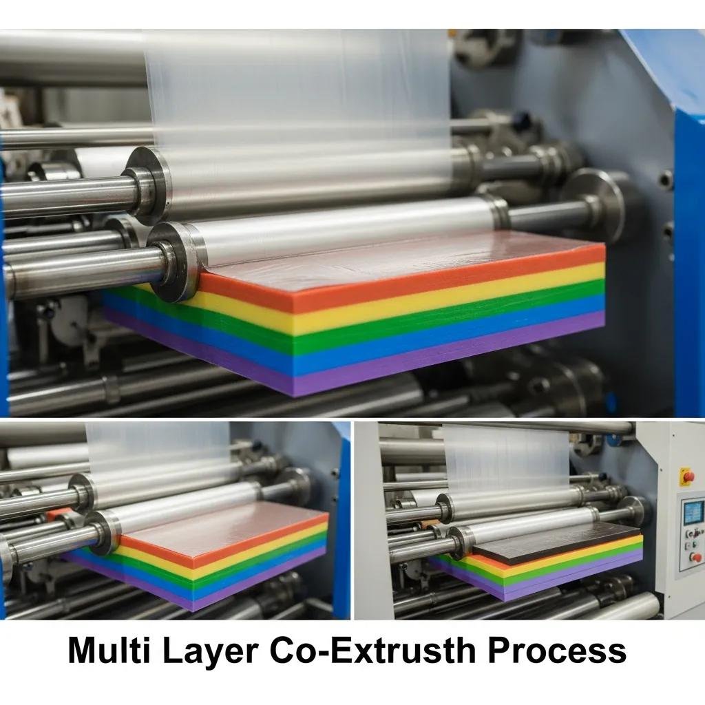 Multi-layer co-extrusion process showcasing colorful polymer layers being formed into puncture-resistant blown film, emphasizing material properties for industrial packaging applications.