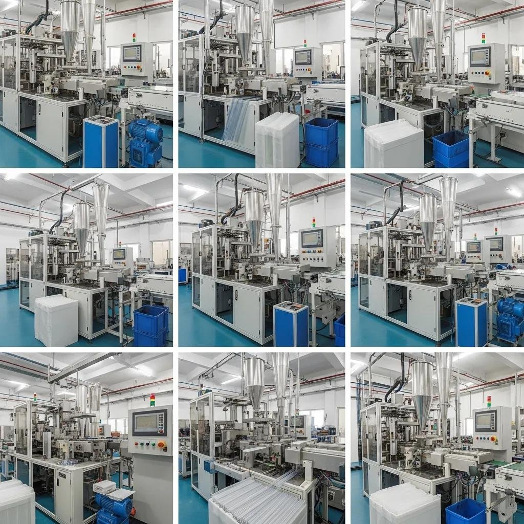 Automatic plastic straw production line showcasing machinery for extrusion, cooling, and cutting processes, emphasizing efficiency and high throughput in a modern manufacturing setting.