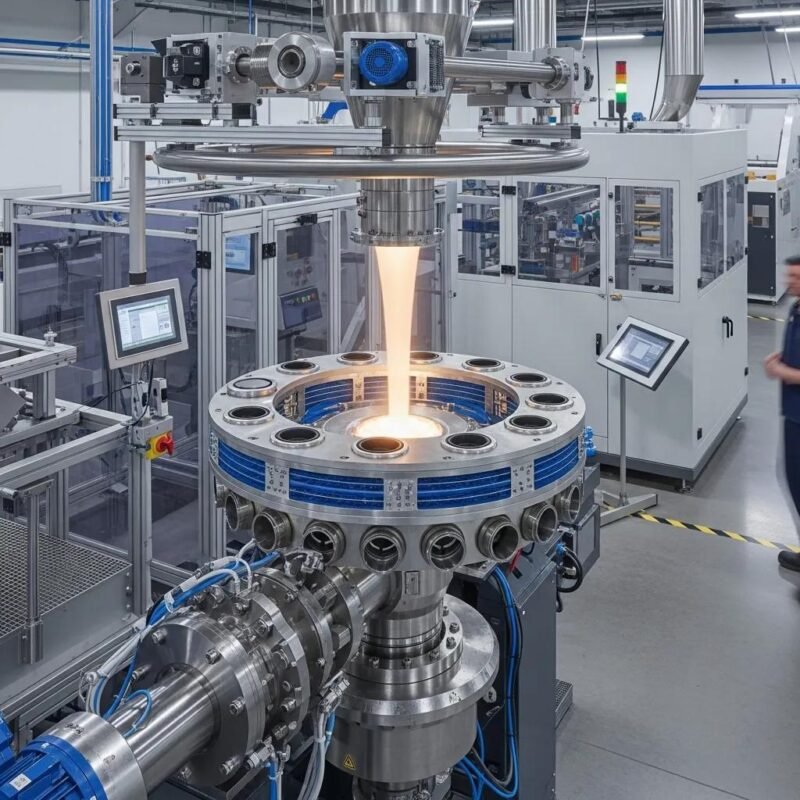 Advanced air ring technology in a blown film extrusion setup, highlighting machinery and cooling processes