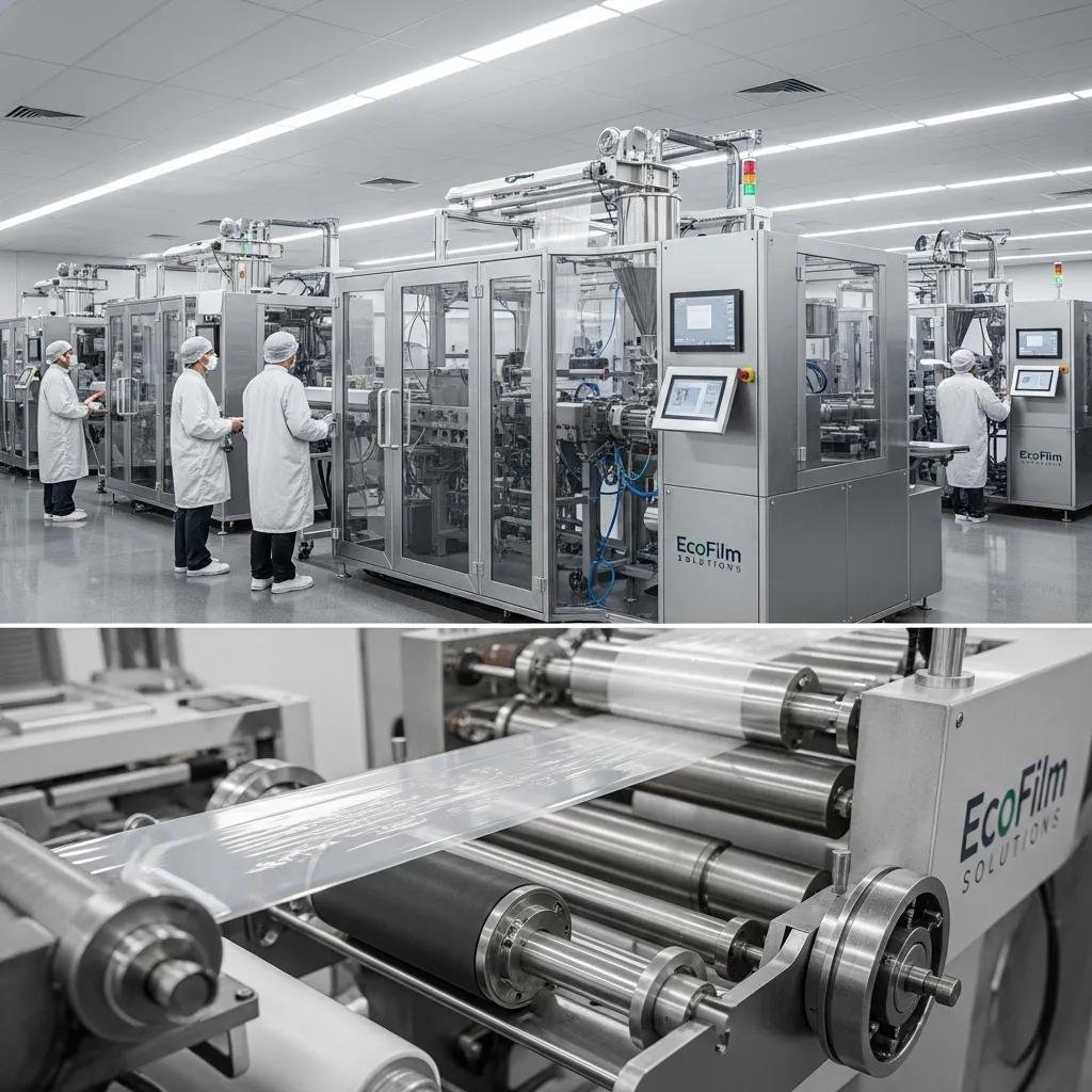 Advanced biodegradable film extrusion machines processing bioplastics in a modern industrial setting