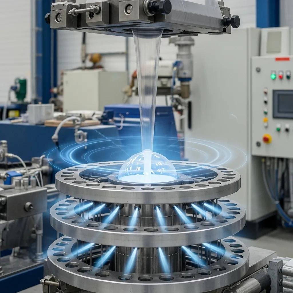 Air cooling system in a blown film production line actively cooling extruded film