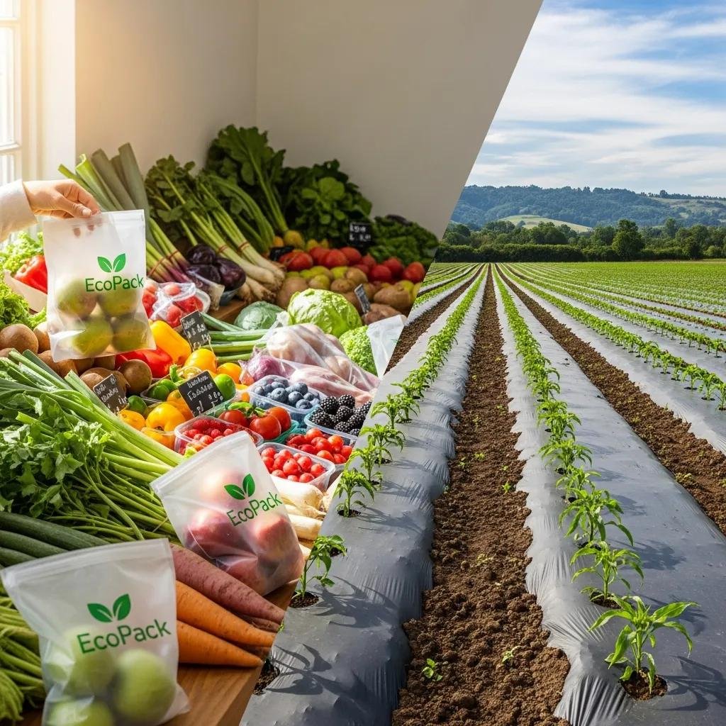 Eco-friendly biodegradable bags labeled "EcoPack" displayed with fresh produce on a market table and rows of crops covered in mulch film in a sustainable agriculture setting.