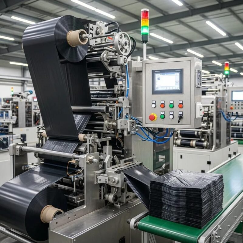 Automated garbage bag making machine in a modern factory setting