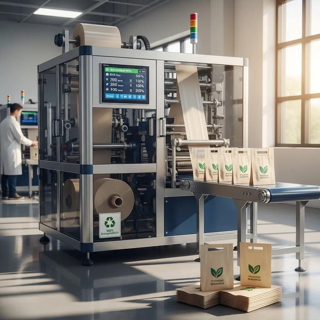 Biodegradable bag making machine producing eco-friendly bags, showcasing advanced technology and sustainability features, with displayed bags on a conveyor and a technician operating the equipment.