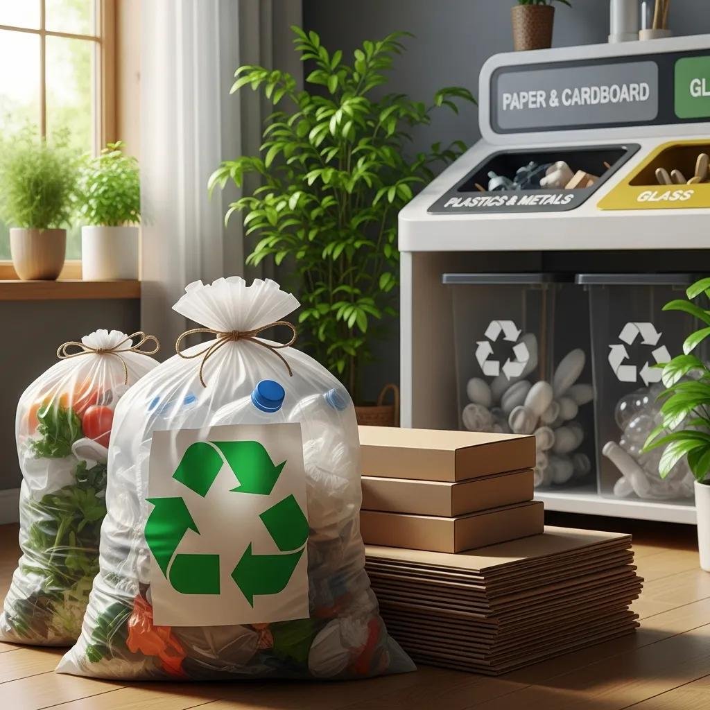 Biodegradable garbage bags and recycling symbols representing sustainability in waste management