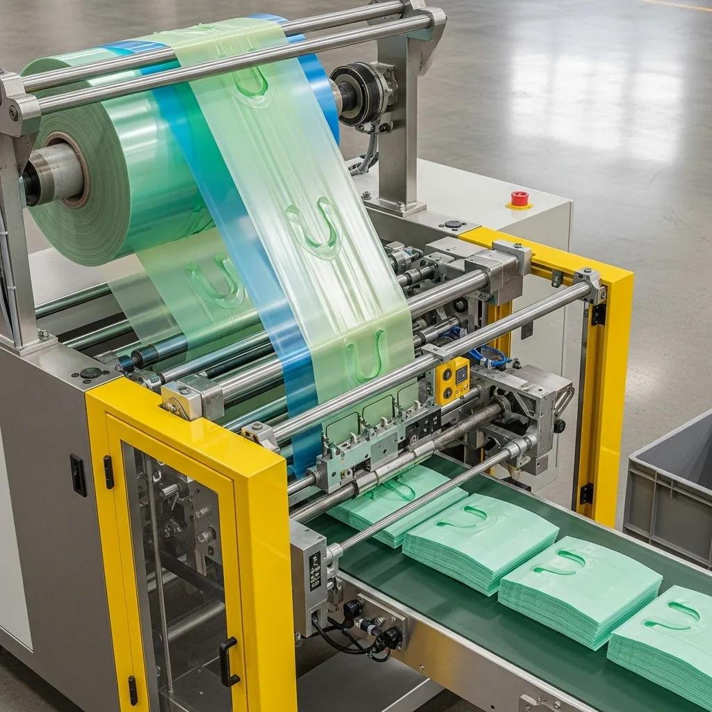 High-speed T-shirt bag making machine processing biodegradable plastic films, emphasizing eco-friendly production with finished bags on conveyor.