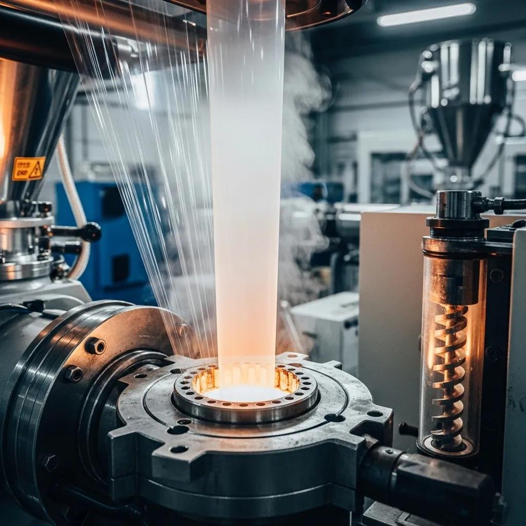 Blown film extruder machine in operation, highlighting critical components like screws and die heads