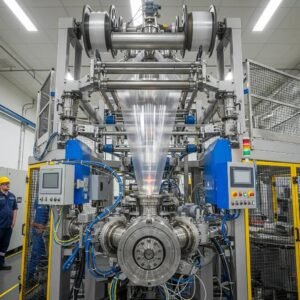 Blown film extrusion machine illustrating the production process of plastic films