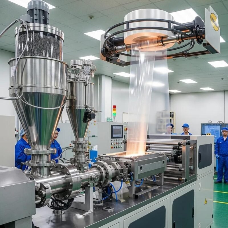 Blown film extrusion machine in operation, emphasizing technology and maintenance importance