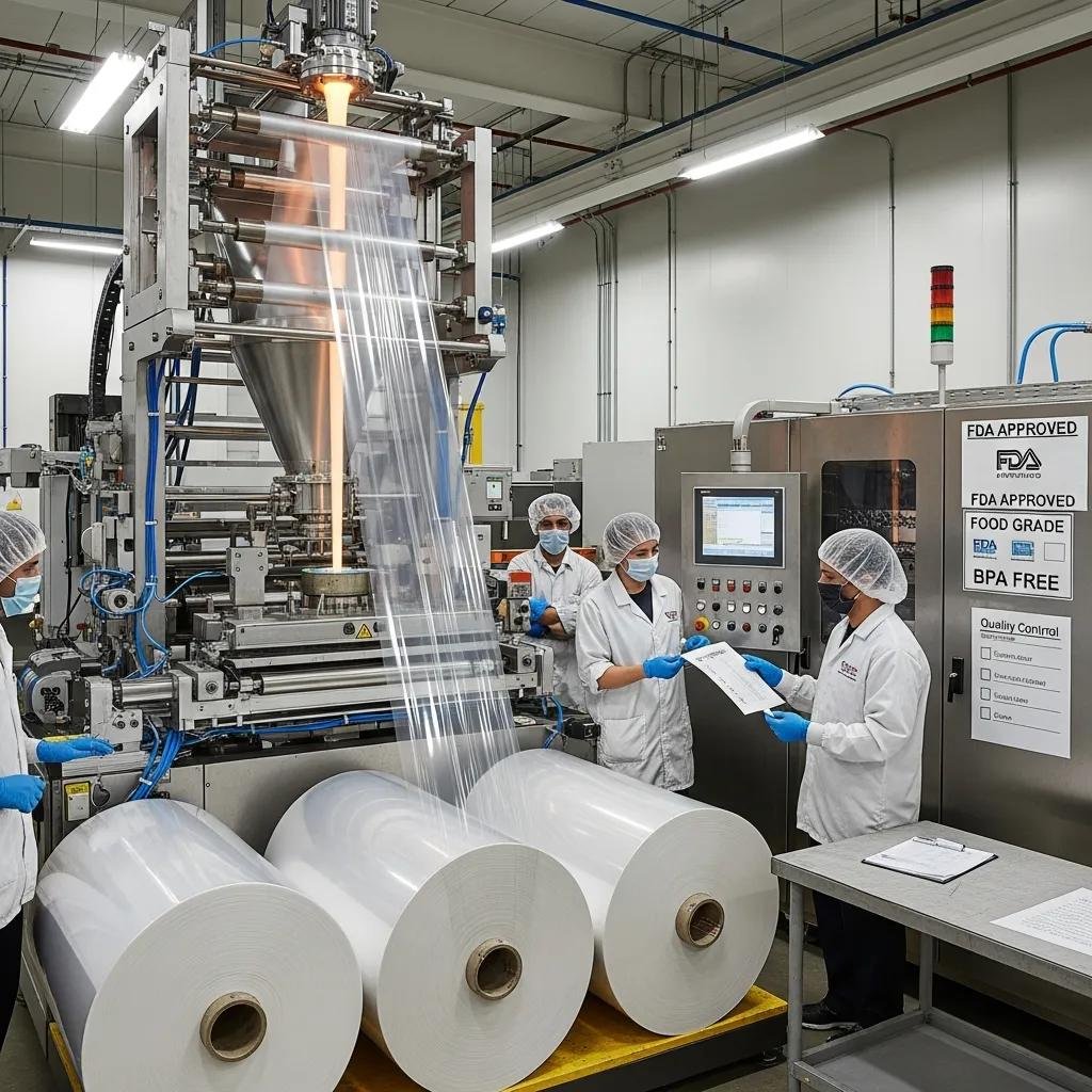 Blown film extrusion machine producing food-grade films for packaging