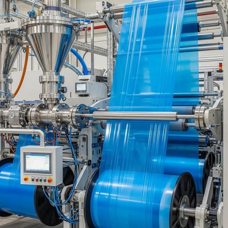 Blown film extrusion machine producing plastic film, highlighting advanced technology and production process