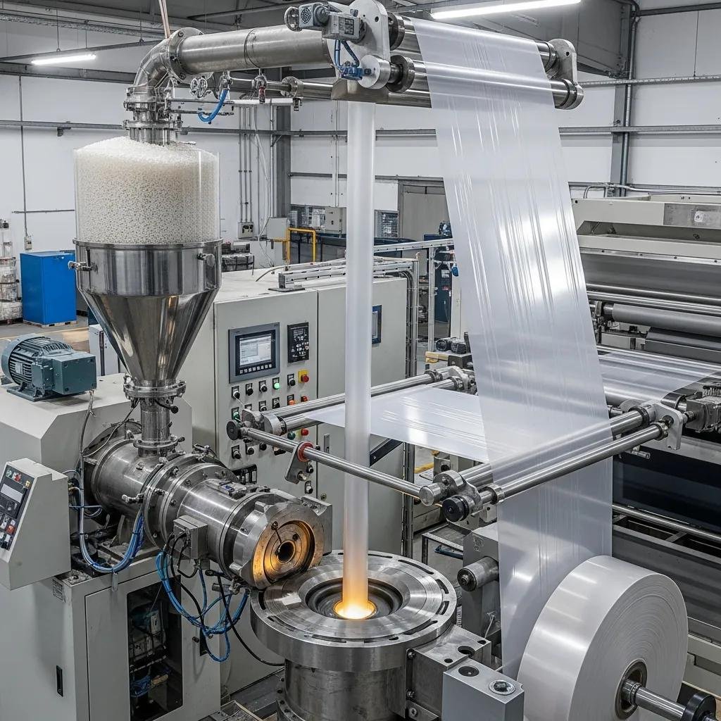 Blown film extrusion process showing machinery and plastic film production