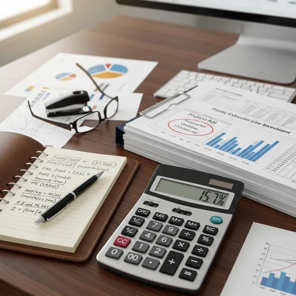 Calculator and financial documents representing ROI calculation for plastic machinery