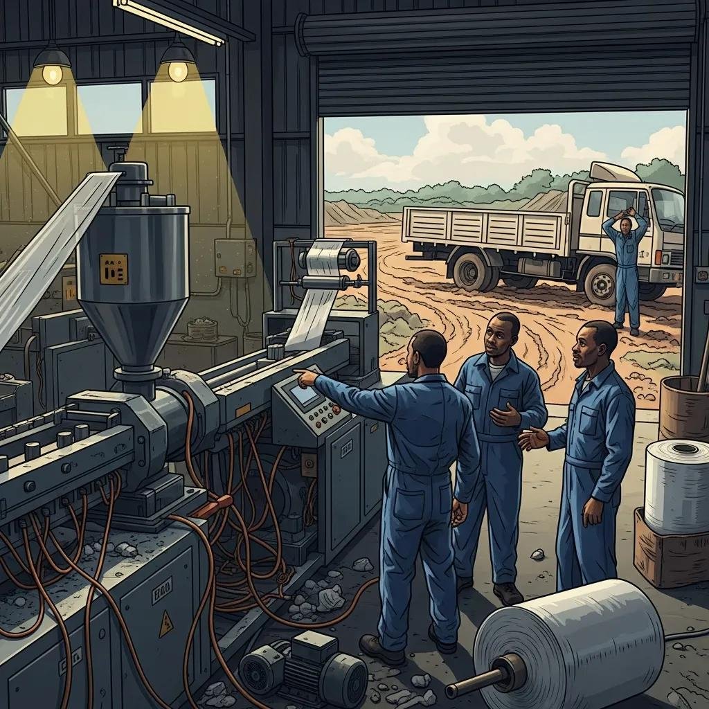 Challenges in plastic film production in Africa with visible infrastructure issues and factory setting