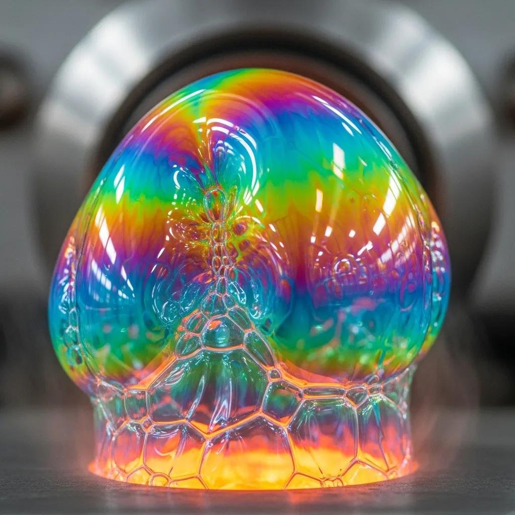 Close-up of a colorful, fluctuating film bubble in blown film extrusion, illustrating bubble instability and its impact on film quality.