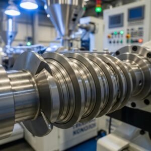 Close-up of a plastic extrusion screw illustrating its complex geometry and design for enhanced efficiency