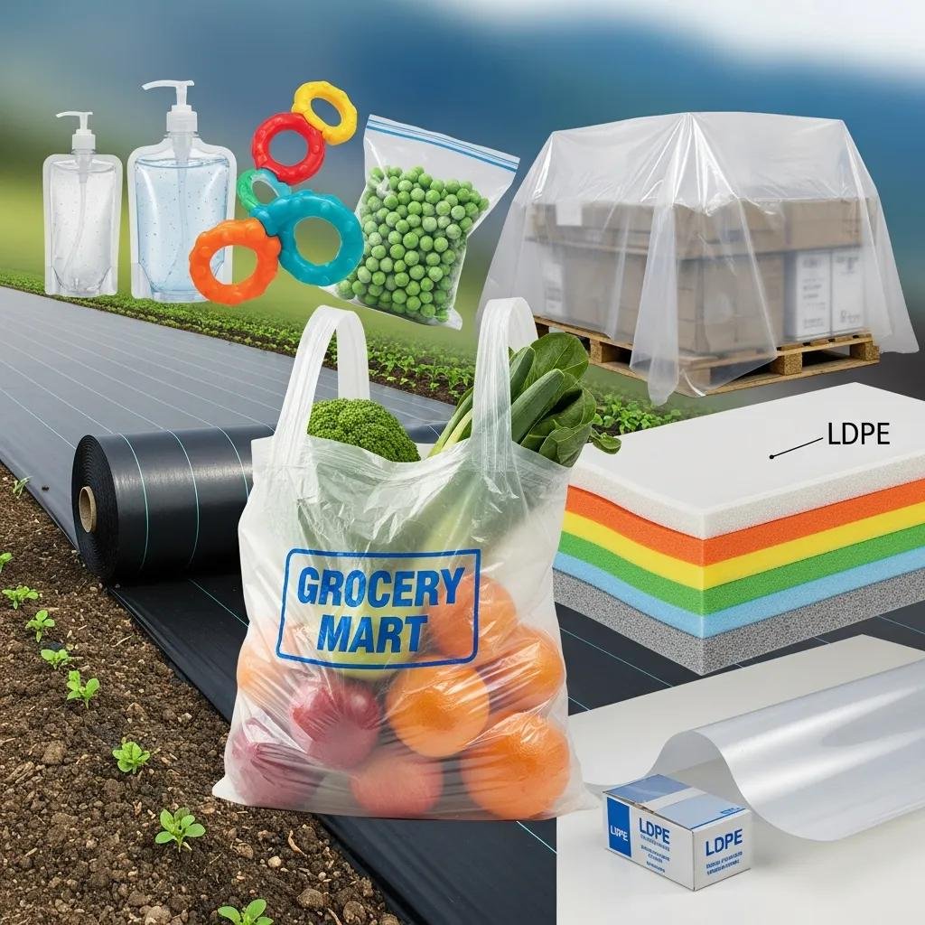 Collage of products made from LDPE films, showcasing their applications in packaging and agriculture