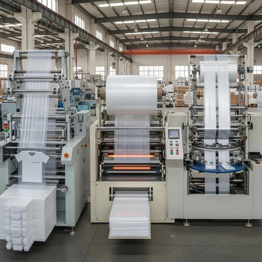 Plastic bag making machines in a factory setting, showcasing T-shirt, bottom seal, and side seal bag production processes.