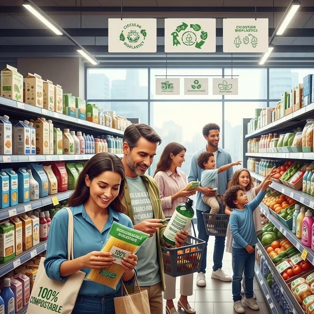 Consumers interacting with eco-friendly packaging products in a retail environment, showcasing the bioplastics market growth