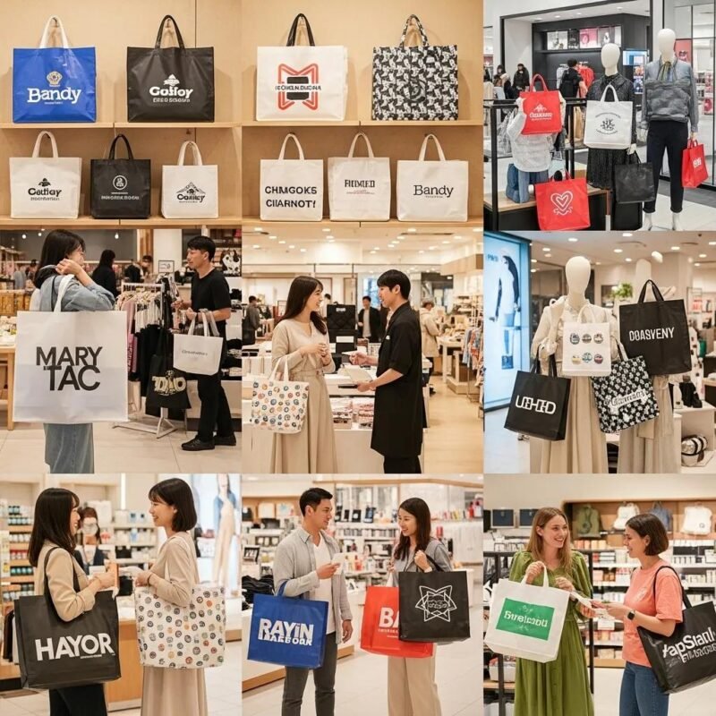Custom plastic shopping bags displayed in a retail environment, showcasing brand logos and vibrant designs