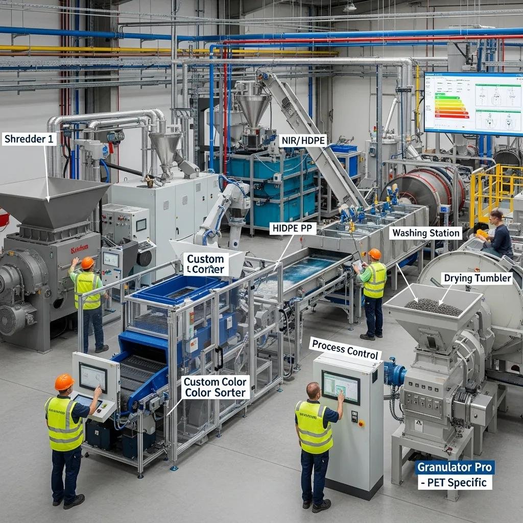 Customized recycling line for European projects, showcasing tailored machinery and optimized workflows in a modern facility